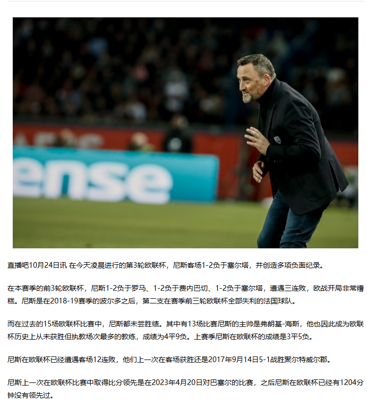 尼斯1-2负于罗马、1-2负于费内巴切、1-2负于塞尔塔缩略图